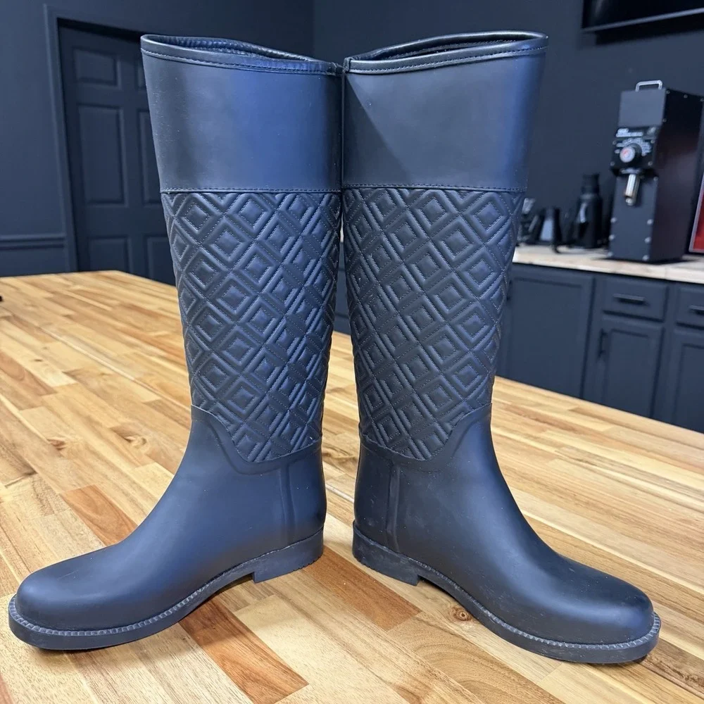 Tory Burch Marion Quilted Rain Riding Boots in Black Size 7